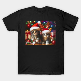 Cute kittens with Santa Claus and reindeer hats and Christmas tree T-Shirt